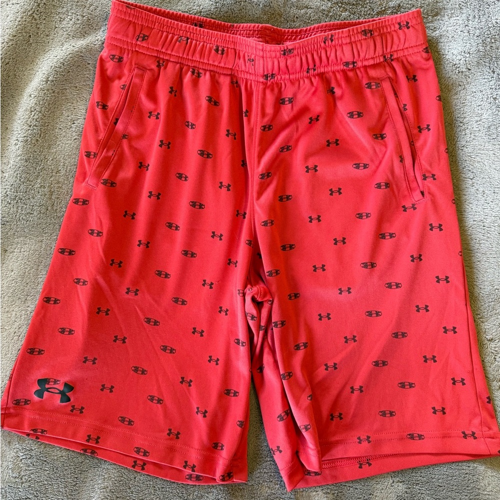 Under Armour Boys L Red All-Over Logo Athletic Shorts